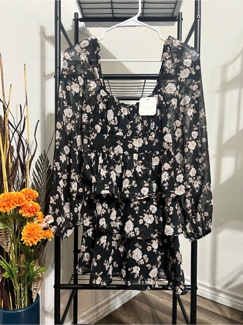 NWT Altar'd State Black Floral Tiered Mini Dress size XXS